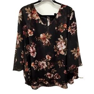 Roz & Ali Women’s 3X Blouse Dark Floral Sheer 3/4 Sleeves Split Back Flowy